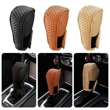 Universal Gear Shift Knob Cover Ice Silk For Cars Everyday Use – PU outer shell with ice silk lining, breathable 12x7cm fit in black brown beige