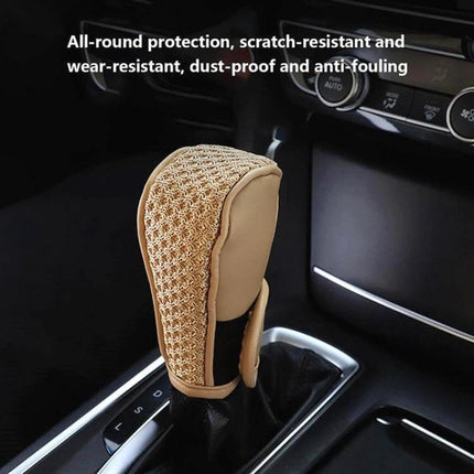 Universal Gear Shift Knob Cover Ice Silk For Cars Everyday Use - beige PU outer with ice silk lining, breathable 12x7cm fit, protects from dust and spills