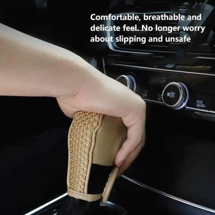 Universal Gear Shift Knob Cover Ice Silk For Cars Everyday Use - beige PU with breathable ice silk lining shown on a car gear selector, anti-slip protective cover