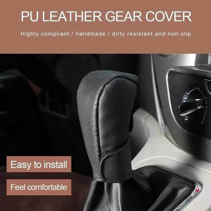 PU Leather Gear Shift Knob Cover Anti Slip For Car installed on black gear shift showing non-slip textured PU leather, easy to install and comfortable grip