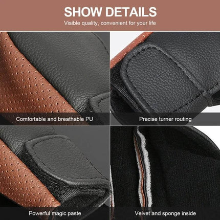 PU Leather Gear Shift Knob Cover Anti Slip For Car, close-up of breathable perforated PU, precise stitching, magic paste, velvet sponge interior