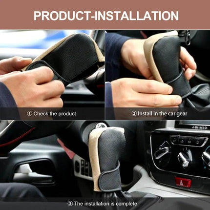 PU Leather Gear Shift Knob Cover Anti Slip For Car shown being installed on a car gear knob, anti-slip PU leather protective cover