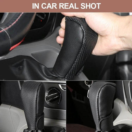 PU Leather Gear Shift Knob Cover Anti Slip For Car shown installed in vehicle with textured non-slip grip and durable black PU leather
