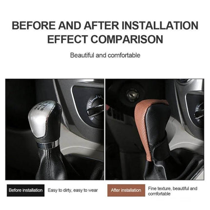 PU Leather Gear Shift Knob Cover Anti Slip For Car showing before and after installation with improved grip and textured brown-black finish