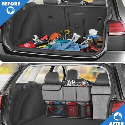 Car Trunk Hanging Storage Bag Oxford Cloth Organizer neatly hanging in trunk with partitioned compartments organizing tools groceries and emergency kit