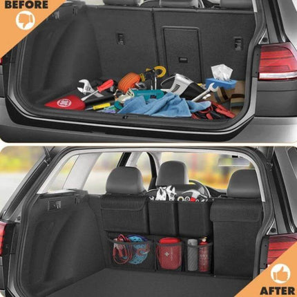 Car Trunk Hanging Storage Bag Oxford Cloth Organizer neatly stores tools and travel gear in partitioned hanging compartments in car trunk