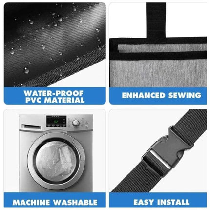 Car Trunk Hanging Storage Bag Oxford Cloth Organizer showing waterproof fabric, reinforced sewing, machine washable material and quick-release strap