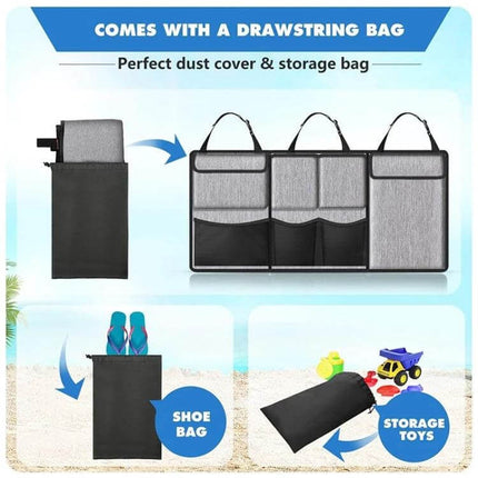 Car Trunk Hanging Storage Bag Oxford Cloth Organizer hanging trunk organizer with drawstring bag, partitions for shoes, toys, tools, easy install and removal