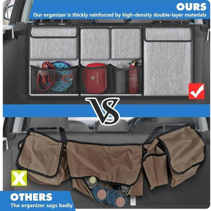 Car Trunk Hanging Storage Bag Oxford Cloth Organizer with reinforced compartments showing organized trunk storage