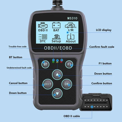 Reliable Device for Daily Car Battery Health Monitoring - handheld OBDII/EOBD scanner with LCD, buttons and OBD II cable for routine battery checks