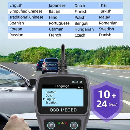 Reliable Device for Daily Car Battery Health Monitoring - handheld OBDII car battery monitor on highway with language options screen