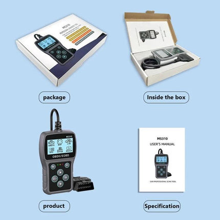 Reliable Device for Daily Car Battery Health Monitoring handheld OBDII tester showing package, inside box, product and user manual