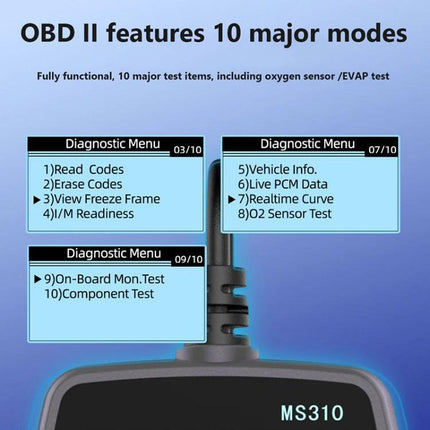 Reliable Device for Daily Car Battery Health Monitoring - OBD II diagnostic menu showing 10 modes, read/erase codes, live data, freeze frame, MS310