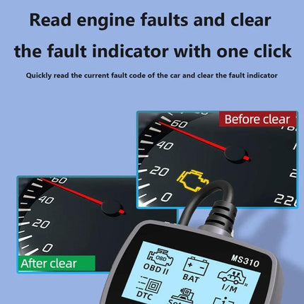 Reliable Device for Daily Car Battery Health Monitoring - handheld OBD reader clearing engine fault light on speedometer