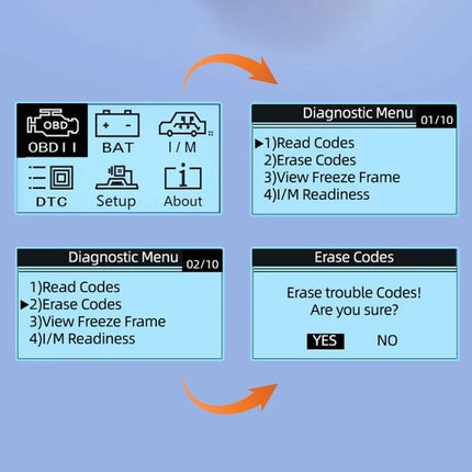 Reliable Device for Daily Car Battery Health Monitoring - screen menus showing OBD diagnostics, Read Codes, Erase Codes, View Freeze Frame (compact)