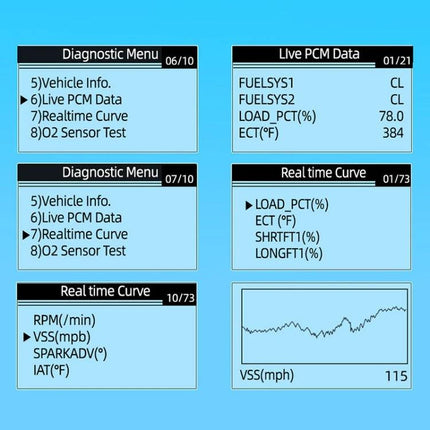 Reliable Device for Daily Car Battery Health Monitoring - diagnostic menu and live PCM data screens showing real-time curves and parameters