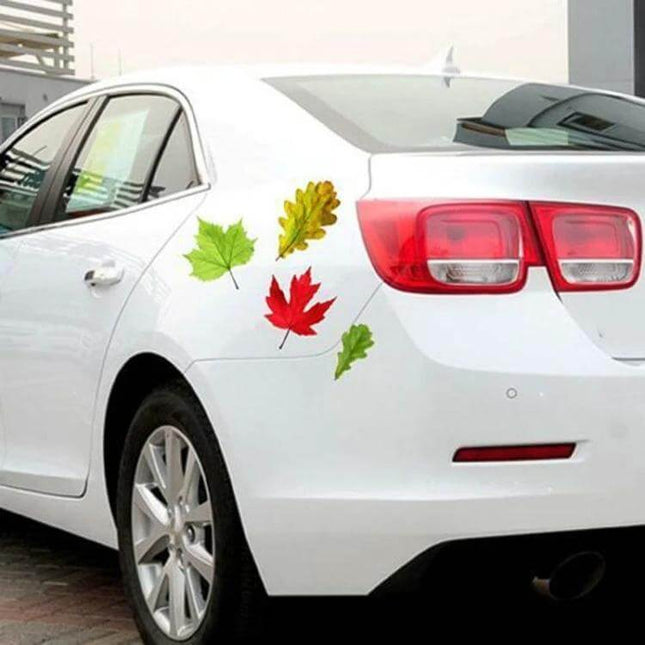 3D Personalized PVC Self-Adhesive Stickers for Car Decoration - autumn leaf PVC decals on white sedan rear quarter panel