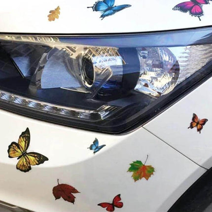 3D Personalized PVC Self-Adhesive Stickers for Car Decoration showing colorful butterfly and leaf designs on a white car near the headlight