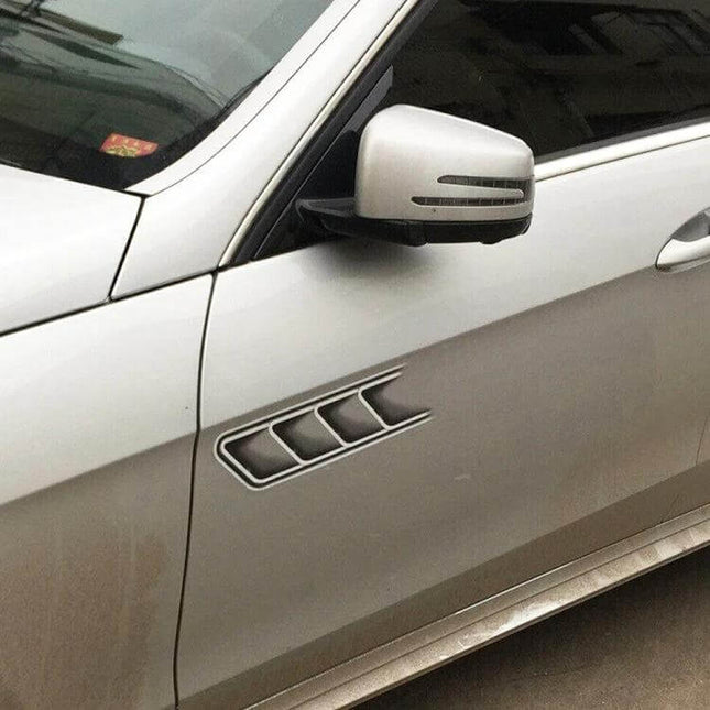 Durable Self-Adhesive Fake Vent Stickers for Car Decoration applied on silver car door as PVC faux vents for easy, non-permanent styling