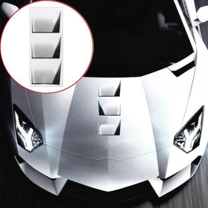 Decorative Fake Vent Stickers for Car Interiors, Self-Adhesive Design on white car hood showing three silver vent decals for temporary interior/exterior styling