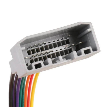 Jeep And Dodge Car Audio Wiring Harness For OEM Radio Install gray ABS connector with multicolor wires close-up