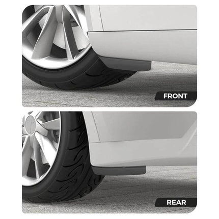 Front and Rear Mud Flaps for 2024 Tesla Model 3 Refresh - close-up of TPE front and rear wheel guards protecting against mud and gravel