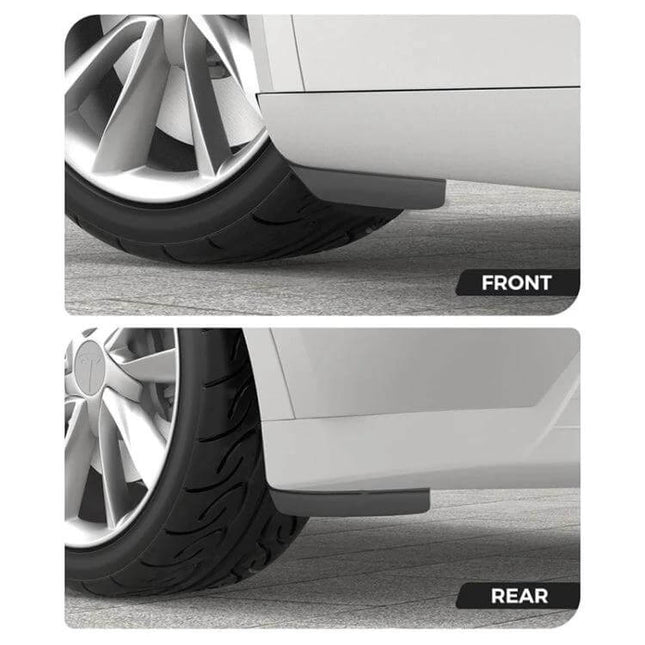 Front and Rear Mud Flaps for 2024 Tesla Model 3 Refresh - close-up of TPE front and rear wheel guards protecting against mud and gravel