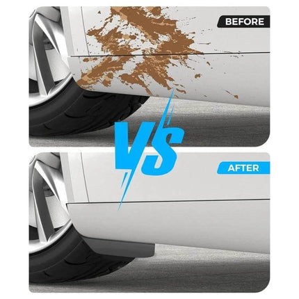 Front and Rear Mud Flaps for 2024 Tesla Model 3 Refresh showing before mud splatter and after clean protected bumper