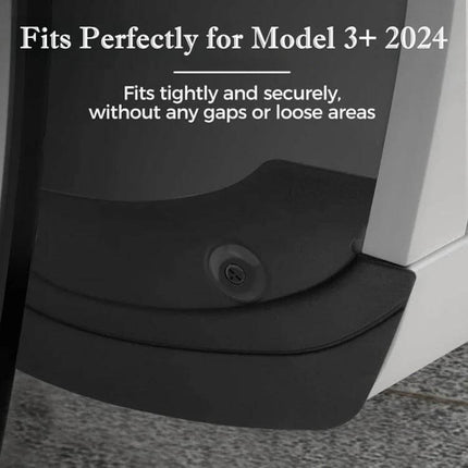 Front and Rear Mud Flaps for 2024 Tesla Model 3 Refresh - close-up of fitted TPE mud flap on rear wheel area showing secure fit and no gaps