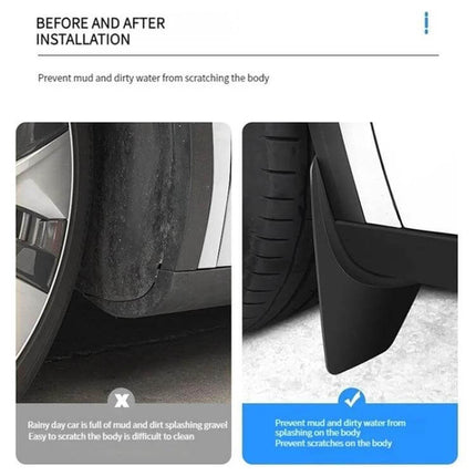 Front and Rear Mud Flaps for 2024 Tesla Model 3 Refresh showing before and after installation protecting wheels and underbody from mud and gravel