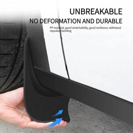 Front and Rear Mud Flaps for 2024 Tesla Model 3 Refresh showing durable TPE mud flap installed on rear wheel protecting against mud and gravel