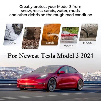 Front and Rear Mud Flaps for 2024 Tesla Model 3 Refresh - red Model 3 with mud, snow, sand and water protection graphics