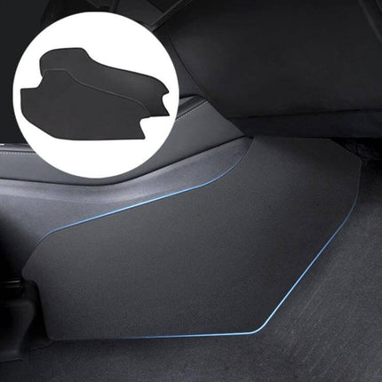 Tesla Model Y Center Console Leather Anti Kick Pad 2 Piece Set protecting rear console from scuffs and dirt with seamless leather finish