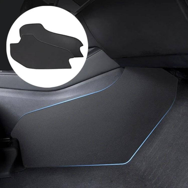 Tesla Model Y Center Console Leather Anti Kick Pad 2 Piece Set protecting rear console from scuffs and dirt with seamless leather finish