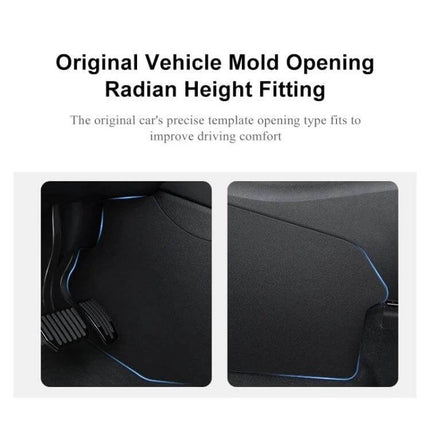 Tesla Model Y Center Console Leather Anti Kick Pad 2 Piece Set installed showing original vehicle mold opening and precise radian height fitting