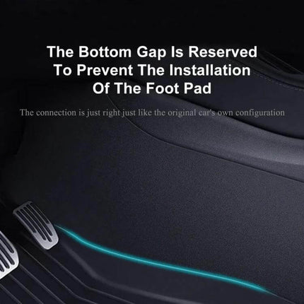 Tesla Model Y Center Console Leather Anti Kick Pad 2 Piece Set showing leather pad installed near pedals protecting console from scuffs and dirt