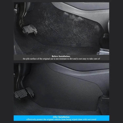 Tesla Model Y Center Console Leather Anti Kick Pad 2 Piece Set showing before-and-after console protection with leather anti-kick pads installed