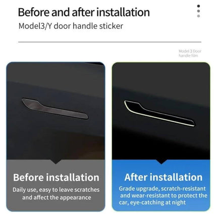 Luminous Car Door Handle Sticker Set Four Piece For Cars - before and after installation showing glow-in-the-dark edge protecting handle and improving nighttime visibility