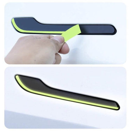 Luminous Car Door Handle Sticker Set Four Piece For Cars - glow-in-the-dark self-adhesive PU protectors shown being applied to car door handle