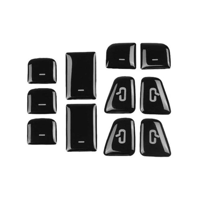 Tesla Window Lift Button PU Decorative Sticker Set 11 Pieces shown glossy black PU 11-piece set for Model 3 and Model Y window button surrounds