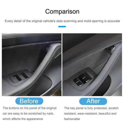 Tesla Window Lift Button PU Decorative Sticker Set 11 Pieces installed on Model 3/Y door panel showing before and after protection