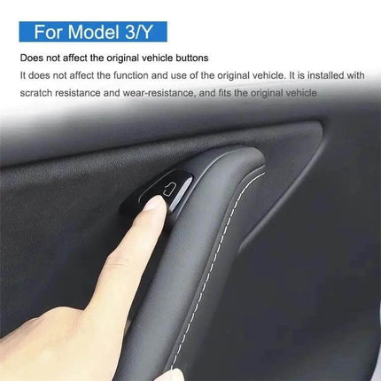 Tesla Window Lift Button PU Decorative Sticker Set 11 Pieces - close-up of Model 3/Y window lift button with PU sticker installed