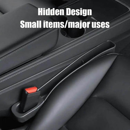 Car Seat Gap Storage Box For Tesla Model 3 And Y Set installed between seat and center console showing hidden design and small-item organization