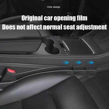 Car Seat Gap Storage Box For Tesla Model 3 And Y Set installed between seat and center console, seamless fit and hide design, TPE durable storage