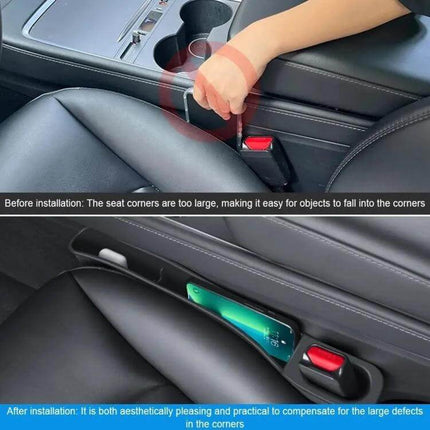 Car Seat Gap Storage Box For Tesla Model 3 And Y Set neatly installed between seat and center console, holding phone and preventing items from falling