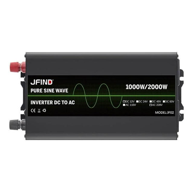 JFind 1000W 12V to 220V Pure Sine Wave Power Inverter for Cars - compact black inverter for charging laptops and small appliances