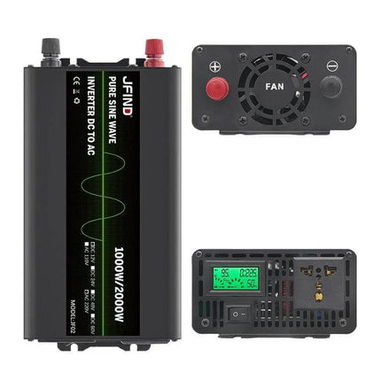 JFind 1000W 12V to 220V Pure Sine Wave Power Inverter for Cars - compact car inverter with LCD, fan and AC outlets