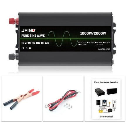 JFind 1000W 12V to 220V Pure Sine Wave Power Inverter for Cars - compact black inverter with clamps, cables and user manual for charging laptops and appliances