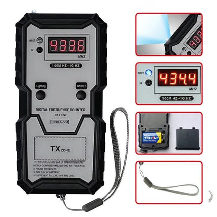 CNBJ-501 Tool for Checking Remote Control Frequencies at Home handheld digital frequency counter showing 433.6 MHz with wrist strap