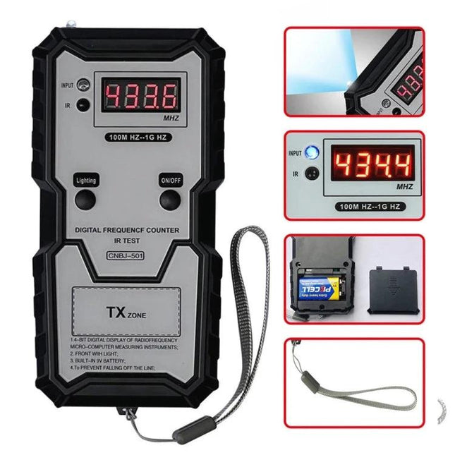 CNBJ-501 Tool for Checking Remote Control Frequencies at Home handheld digital frequency counter showing 433.6 MHz with wrist strap